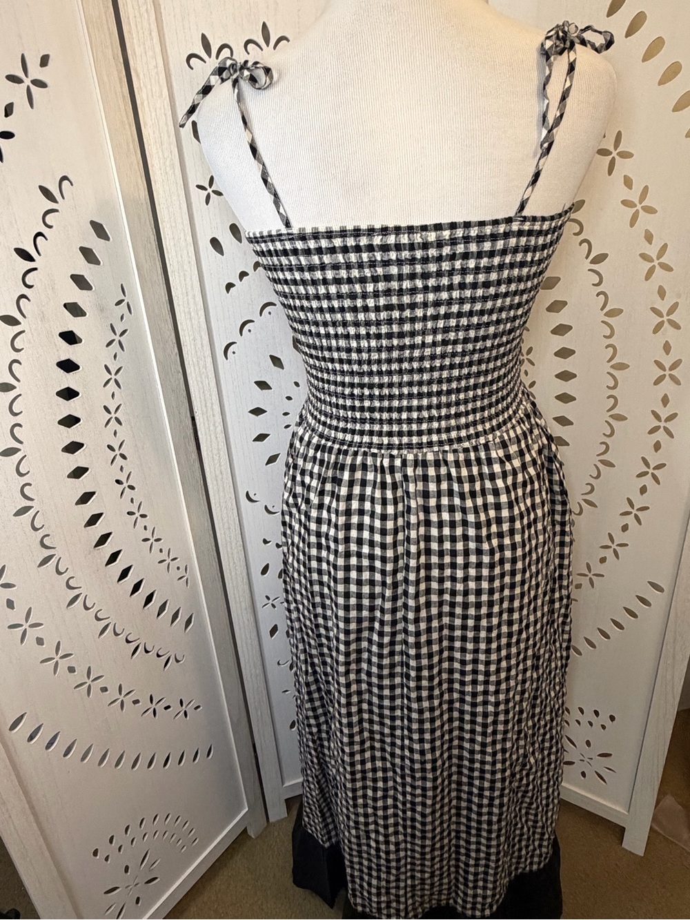 100% Cotton Black & White Gingham Tie-Shoulder Maxi Dress - Picture 8 of 12